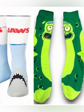 🦈Jaws Bite & Pickle Rick Sock Duo Fun 2-Pair Set🥒 ~OS